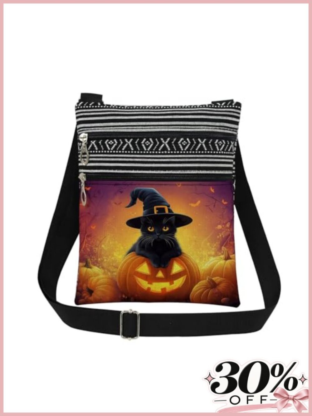 Halloween Cat Crossbody Bag with Adjustable Strap, Polyester, Pumpkin Messenger
